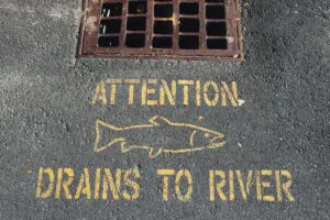 Storm drain with the words "ATTENTION DRAINS TO RIVER" stamped on the pavement.