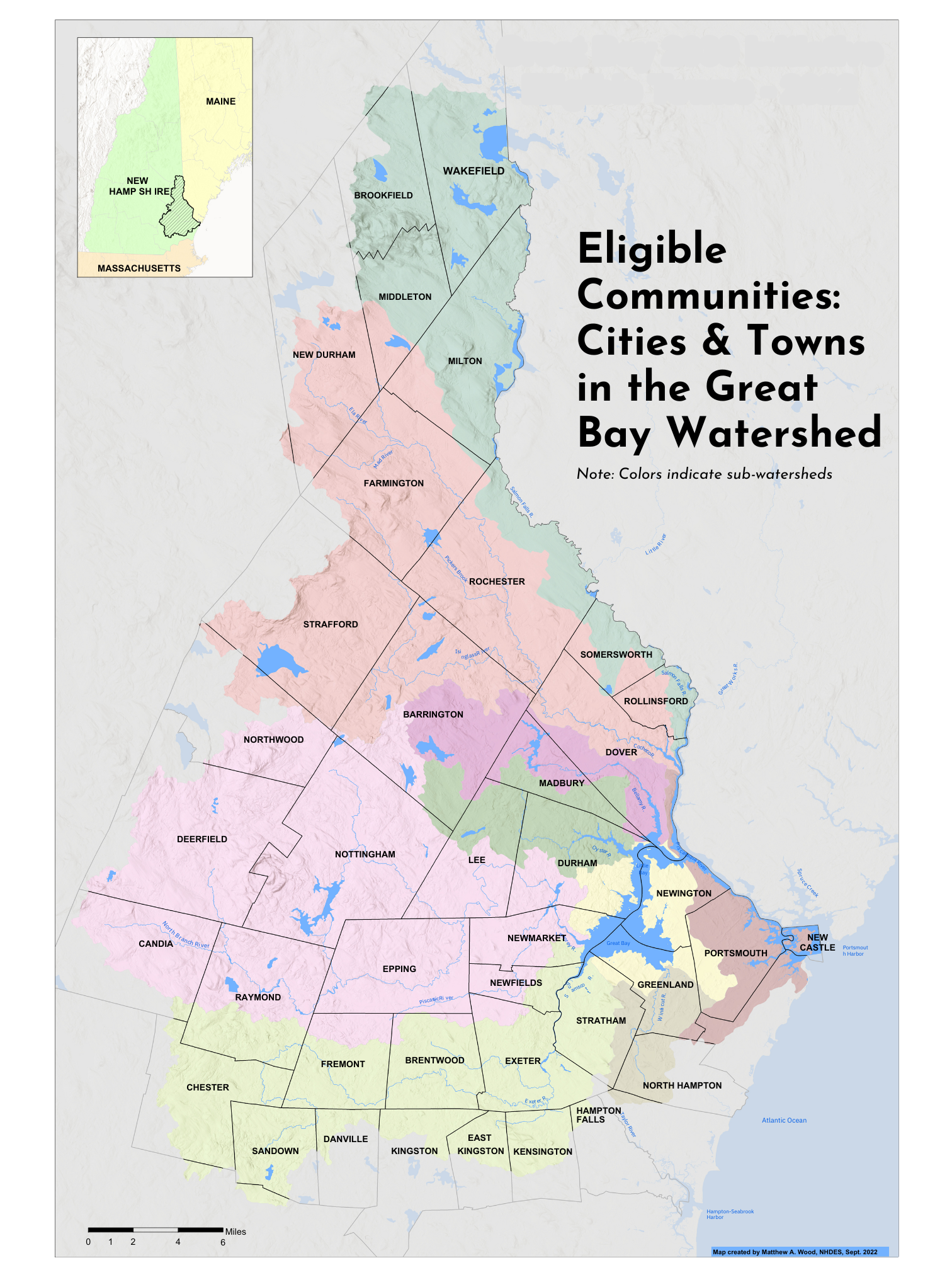 A map of communities in the Great Bay Watershed that are eligible for the Project Builder Program: Barrington, Brentwood, Brookfield, Candia, Chester, Danville, Deerfield, Dover, Durham, East Kingston, Epping, Exeter, Farmington, Fremont, Greenland, Hampton Falls, Kensington, Kingston, Lee, Madbury, Middleton, Milton, New Castle, New Durham, Newfields, Newington, Newmarket, North Hampton, Northwood, Nottingham, Portsmouth, Raymond, Rochester, Rollinsford, Sandown, Somersworth, Strafford, Stratham, and Wakefield.