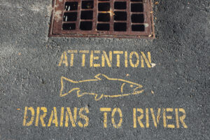 Storm drain with the words "ATTENTION DRAINS TO RIVER" stamped on the pavement. 